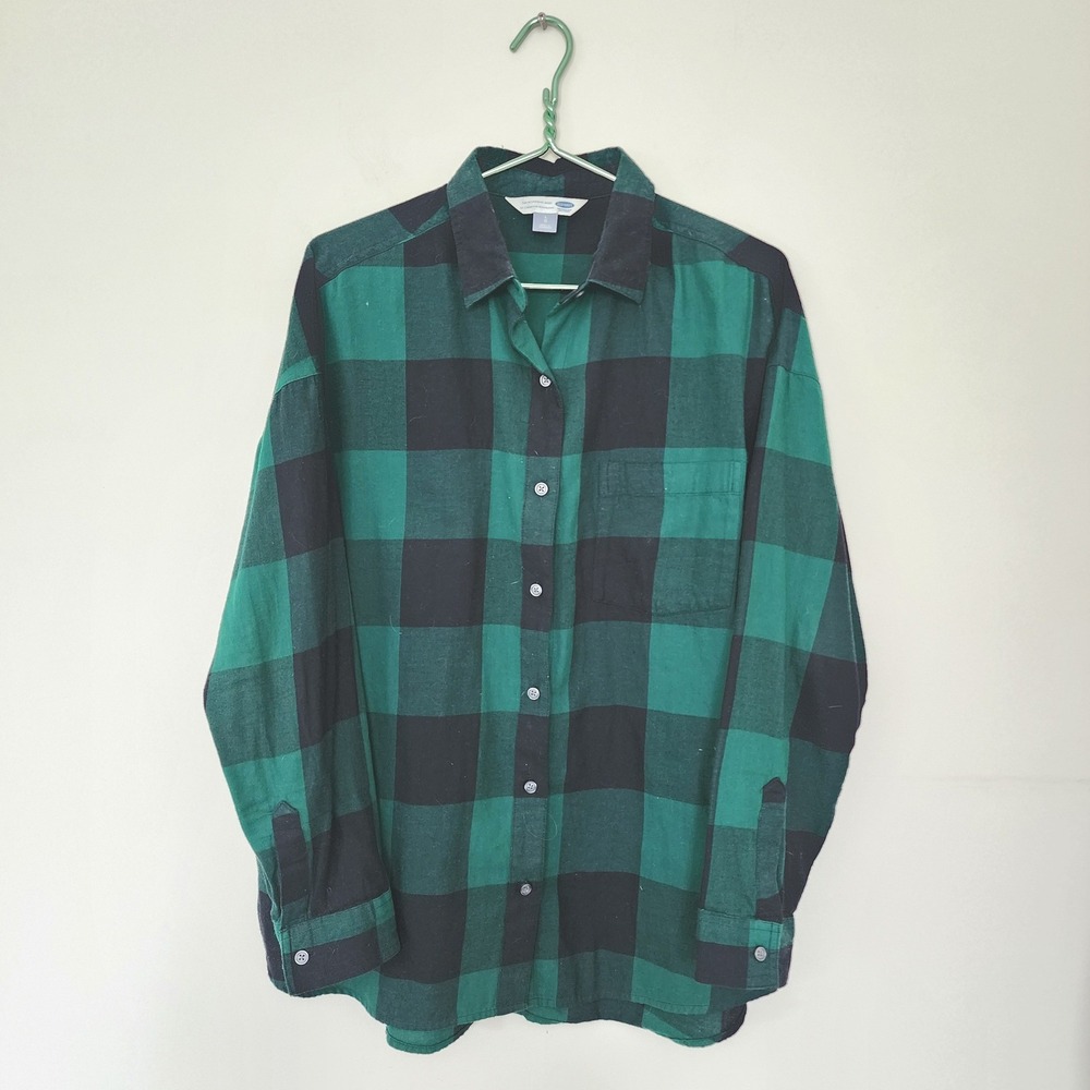 Old Navy Boyfriend Shirt Green Black Buffalo Plaid Flannel Button Down Large